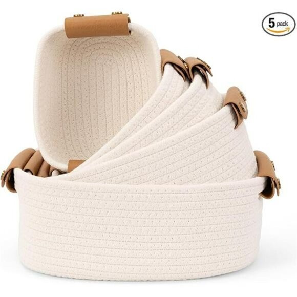 Set of 5 Cotton Rope Storage Baskets for Nursery Closet Bathroom Shelves Bin - Picture 8 of 8